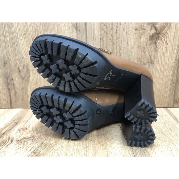 GUESS Women’s Keaton Chunky Platform Heels Brown Patent Leather Shoes Size 8 M - Picture 5 of 16